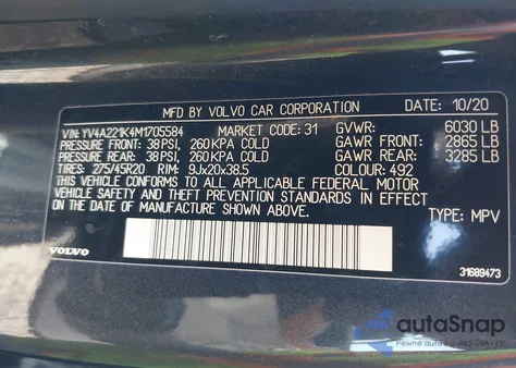 2021 Volvo Xc90 T6 Momentum 6 Passenger из США, поврежденный, VIN YV4A221K4M1705584